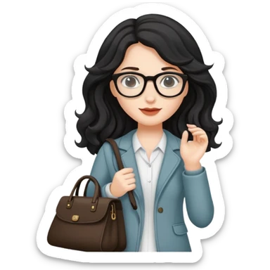 A white girl with black wavy long hair, wearing Wearing glasses and Carrying a bag sticker