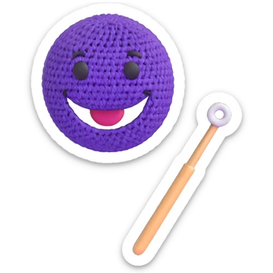 3D smiley emoji, round shape, grandmother with a crochet hook, purple color, smiling face sticker