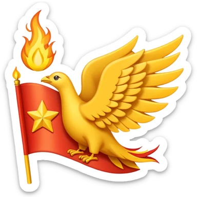 Apple-style emoji of a horizontal rectangle flag (2:1, not square) with a red background and a yellow winged emblem with a flame on top, segmented wings, and a tail ending in a small rectangle with four stars. Flat, simple, bold colors, no shading. sticker