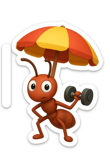 EMOJI STILE IPHONE 3D DI una formica che si allena sotto l'ombrellone in spiaggia con un manubrio da palestra in mano, fagli anche la parte bianca degli occhi, non solo la pupilla sticker