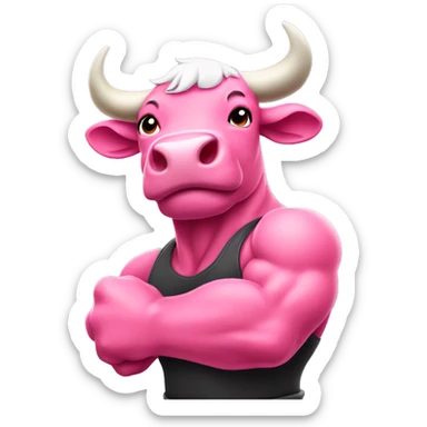 pink color Bull showing his muscles and giving a thumbsup sticker