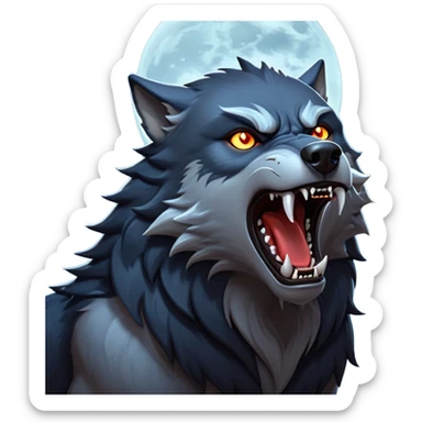 cinematic-noble-fierce-werewolf-howling-portrait-emoji, poised-and-imposing, with a fierce wolfish face tilted upwards in a haunting howl, glowing eyes full of primal ferocity, sharp, and a rugged snout, fur rippling in shades of midnight black and silver, muscles tensed as the powerful howl echoes beneath the moonlit sky; rendered with realism, capturing the raw, untamed power of the beast in its wild, primal state sticker