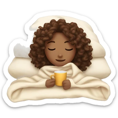girl with curly brown hair inside a blanket sipping coffee eyes closed sticker