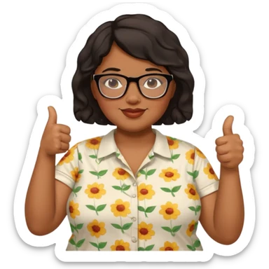 make a fat brown female biology teacher with glasses giving a thumbs up with short black hair wavy remove the doctor outfit and put on a regular summer looking shirt sticker