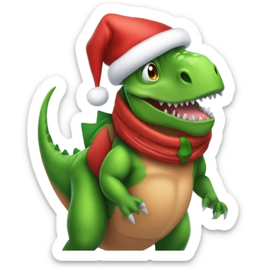 Dinosaur dressed up as Santa Clause with an elf on its shoulder sticker