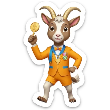 friendly anthropomorphised goat jogging upright in a colourful suit, holding up a medal, standard pose sticker