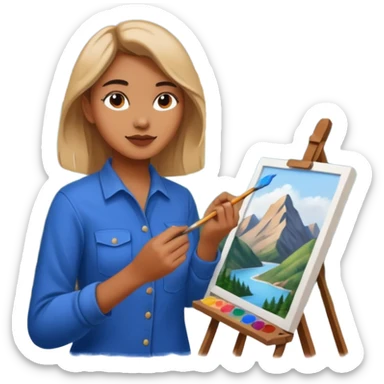 Female artist painting a beautiful mountain peak destination on canvas sticker