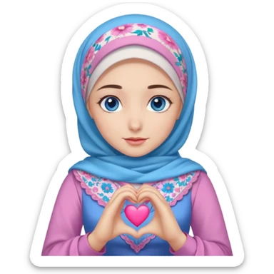 Turkish beautiful finish Konya girl blue eyes with mini floral hijab and lila blue pink dress and she make heart with hands sticker