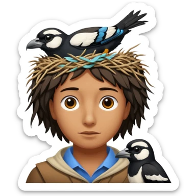 An Australian Magpie, birds nest that is located at the top of a man's head. sticker