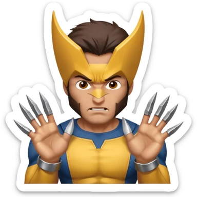 Make a man with brown eyes wearing a wolverine costume, with claws on his hands, who is wondering? sticker