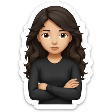 Hispanic girl with dark long wavy hair crossing her arms with slight pout wearing a black long sleeve shirt sticker