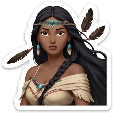 Cinematic Realistic Pocahontas Portrait, depicted with lifelike skin texture, soft natural lighting, and intricately detailed long, flowing raven-black hair that moves gracefully in the wind. Her deep, soulful dark brown eyes exude wisdom and strength, complemented by a serene yet powerful expression. She is dressed in her classic one-shoulder native american dress, with rich fabric textures and delicate beaded details that catch the light beautifully. The portrait features a soft, sun-kissed glow with a natural, radiant finish, capturing the essence of untamed beauty and deep connection to nature in a realistic and painterly style, evoking a sense of depth and authenticity. sticker