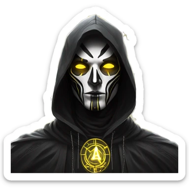 A digital painting of a SPECTRE, cyberpunk man with glowing yellow eyes and black and white face paint, wearing a dark hooded cloak, portrait, intricate details, silver ornate circular frame sticker