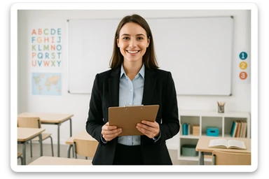 a young female teacher, smiling, holding a clipboard, professional attire, modern classroom background sticker