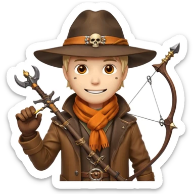 male human monster hunter emoji, wearing brown leather coat and wide hat, holding crossbow or rifle, with amulet shaped like skull, Halloween fantasy theme, confident smile, orange scarf, Apple emoji style, clean white background, square image sticker