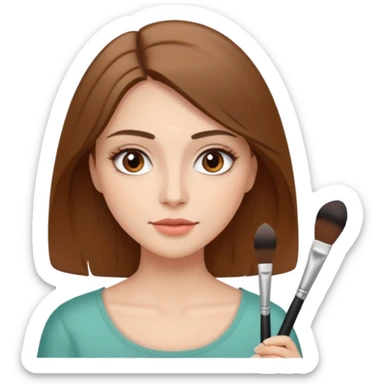 Chicha rubia de ojos café con cabello abajo de hombro haciéndose un maquillaje natural con una brocha en la mano de maquillaje  sticker