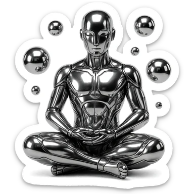 stylized chrome meditating figure with several shiny spheres orbiting around, futuristic and smooth sticker