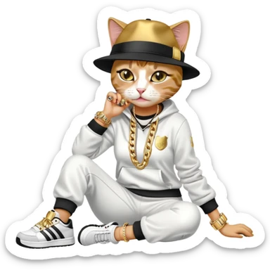 female cat lying down horizontally on the ground, crying, wearing Run DMC hip-hop outfit with tracksuit, fedora, Adidas sneakers, many gold chains, rings, bracelets, flashy earrings, no sunglasses sticker