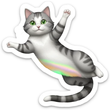 grey and white cat with green eyes doing a big extremely long stretch reaching up into the air with arms and legs side by side together straight and overextended whilst lying on its side sticker