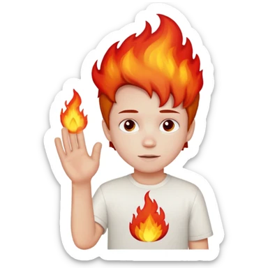 A boy with no hands fire instead made out of red fire and the boy is wearing a white shirt that has a sign that says FIRE CREATOR  sticker