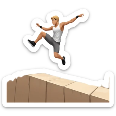 A person performing a parkour move, leaping between buildings or scaling a wall with agility and precision. The scene captures dynamic motion, showcasing strength, flexibility, and the thrill of urban acrobatics against an urban cityscape backdrop. sticker