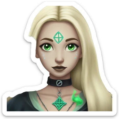 blonde witch girl with green eyes and straight hair with a birthmark above her upper lip wearing a pendative with a pentacle with a small blue stone inside doing tarot spread  sticker