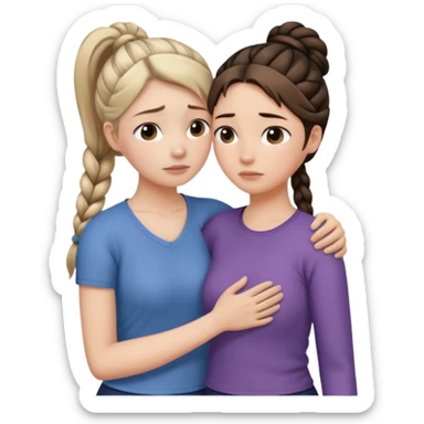 Comforting Hug two white skin women, one shorter woman with brown simple top ponytail, not braided, and one taller sad woman with a single long black side braid sticker