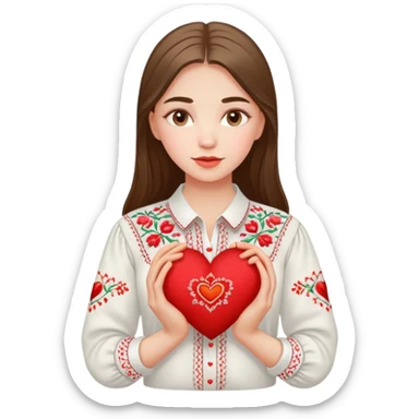 beautiful young girl in a white Ukrainian embroidered shirt clutching a large embroidered heart sticker