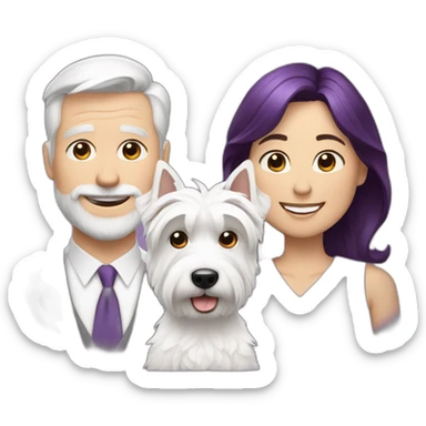 a family consisting of 1 white man with dark brown hair, 1 white woman with purple hair and 1 happy west highland white terrier sticker