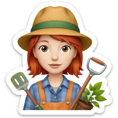 red hair gardener holding gardening tools, with hat sticker