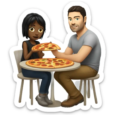 karl urban sitting at a table eating pizza with small white girl with black hair sticker