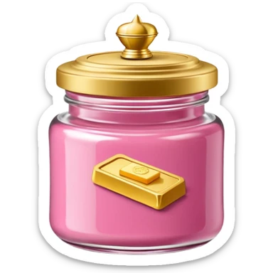 Una miniatura fotorrealista de un tarro de mantequilla corporal elegante, con una tapa dorada brillante. Una sola moneda de oro, pequeña y sutil, reposa al lado del tarro. Iluminación suave de estudio. Colores: rosa, terracota y dorado. Estilo: lujo en miniatura. sticker