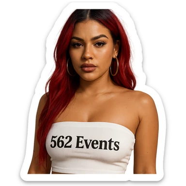 realistic baddie with red hair, wearing a white tube top with '562 Events' written on it sticker