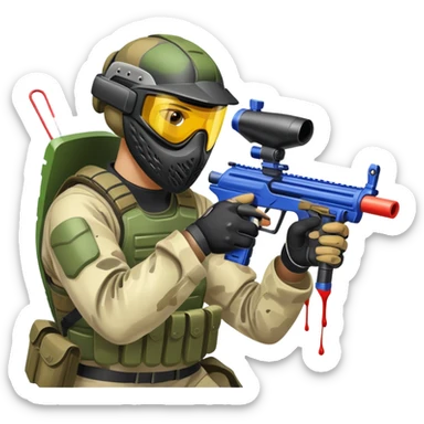 A paintball player in full gear, aiming a paintball gun with focus and determination. The scene includes vibrant splashes of paint and a dynamic battlefield setting, emphasizing action, strategy, and teamwork in a competitive environment sticker