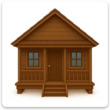 A wooden house typical of Puerto Rican rural neighborhoods, with a simple and cozy design featuring a central functional door, two symmetrical windows, a front porch with open railings, and space for a rocking chair. Emoji style, brown and wooden, no star, no symbol, no chimney, light brown sticker