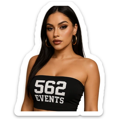 realistic baddie with light skin, wearing a tube top with the text '562 Events' written on it sticker