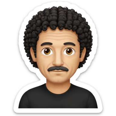 60 year old Greek man with short black curly frizzy hair that sticks up and has a black shirt sticker