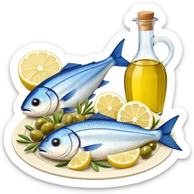 Mediterranean cuisine humanless avatar in clean emoji-style illustration. Olive oil, fish, lemon, blue and sunny colors, light and fresh mood, flat design, high contrast. sticker