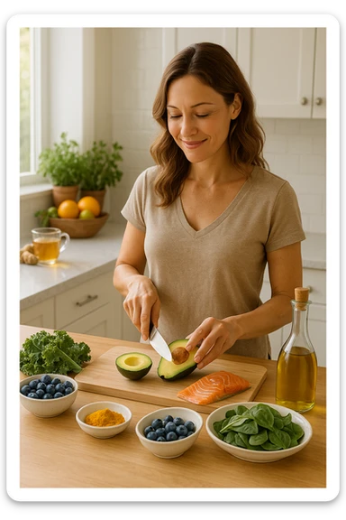 Donna tra i 30 e i 40 anni in una cucina luminosa, serena e sorridente, mentre prepara un pasto a base di cibi antinfiammatori: avocado, mirtilli, salmone selvaggio, verdure a foglia verde, olio d’oliva, curcuma. Il piano cucina è ordinato, ricco di colori naturali. Sullo sfondo: erbe fresche, frutta, una tisana allo zenzero. La donna appare in forma, rilassata e consapevole delle sue scelte. Atmosfera calda e armoniosa, luce naturale. Stile realistico, tono positivo e ispirazionale sticker