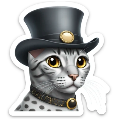 A highly sophisticated grey Egyptian Mau with a top hat and a monocle sticker