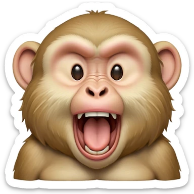 Cinematic Cute Yawning Macaque Portrait Emoji, Head tilted slightly with a dramatic, wide-open yawn, showcasing a gently textured face with half-closed, sleepy eyes and an open, relaxed mouth, Simplified yet irresistibly adorable features, highly detailed, glowing with a soft, cozy glow, high shine, relaxed yet expressive, stylized with a dash of whimsical charm, soft glowing outline, capturing the essence of a drowsy yet affectionate primate that appears ready to stretch out for a nap! sticker