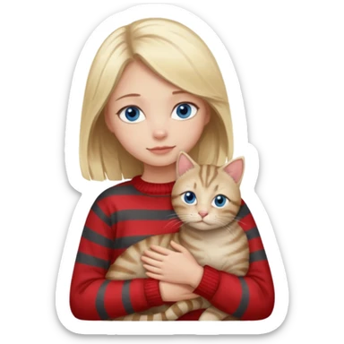 Blonde girl with blue eyes in red sweater cuddling with light grey tabby cat with dark grey stripes sticker
