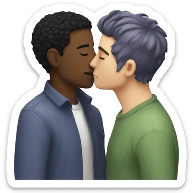 Two men kissing, one of the white with lavender hair and the other person is black with black hair sticker