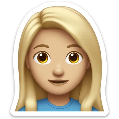 A blond girl with shoulder-length squares and brown eyes in a blue shirt sticker