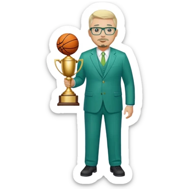 Full Body white fat male  wearing glasses with a goatee with light blonde gray very short hair basketball head Coach in blue and green suit holding trophy sticker