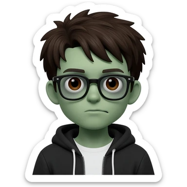 zombie boy with white tshirt and black brownish hair and with black glasses frames on hair is texturized young boy and round face more green face and dark brown eyes black y2k hoodie with the white t-shirt under it sticker