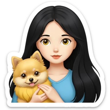 Fair-skinned girl - long black hair - holding a yellow Pomeranian sticker