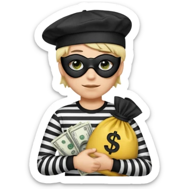 Realistic ios emoji-style portrait of a classic burglar, a black eye mask and a black-and-white striped shirt. emoji-like hair, black hat, a bag of money 💰 with a dollar sign in a right corner, mean expression  sticker