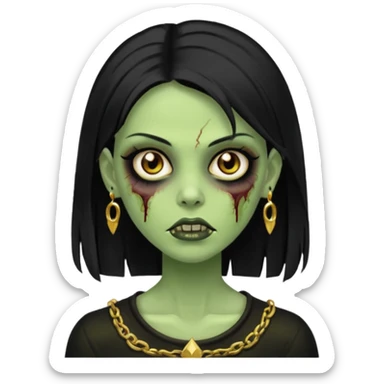 Faça uma zombie mulher bonita verde com olhos castanhos cabelos pretos liso com estilo y2k e ouro sticker