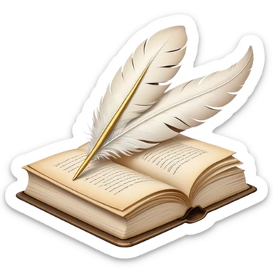 Create a poetic and elegant emoji representing poetry. The design should feature several vintage, gracefully flying pages with short, poetic columns written on them. A white feather quill should be depicted writing on one of the pages, with ink flowing smoothly. The pages should have a soft, antique look, with subtle details to convey the delicate nature of poetry. Use soft, light colors with a romantic, airy feel. Make the background transparent. sticker